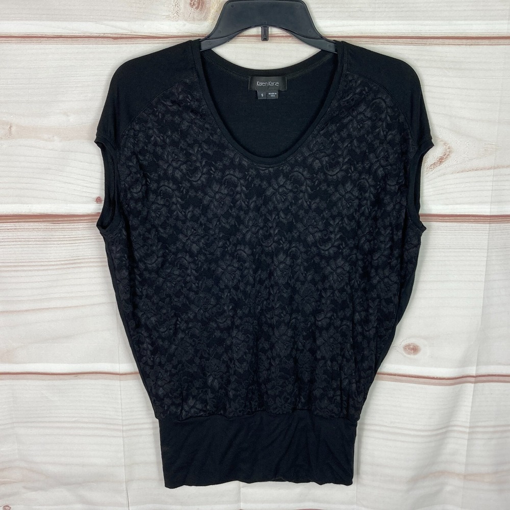 Karen Kane Top Womens S Black Lace Front Blouse Cap Sleeve Pullover Scoop Neck
